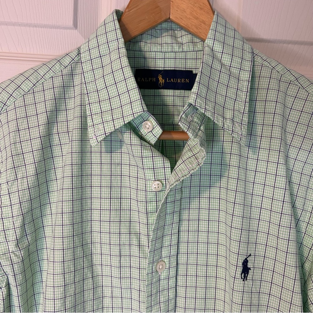 Ralph Lauren Medium Long Sleeve 100% Cotton Button Up, green with navy stripes